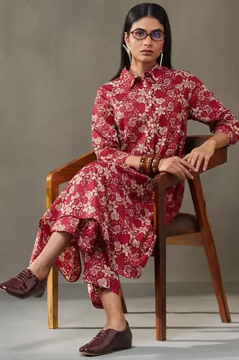 women floral printed cotton button-down smart office kurta with trousers