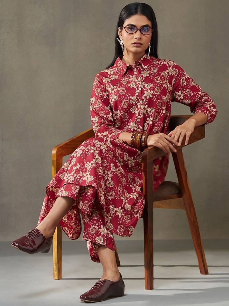 women floral printed cotton button-down smart office kurta with trousers