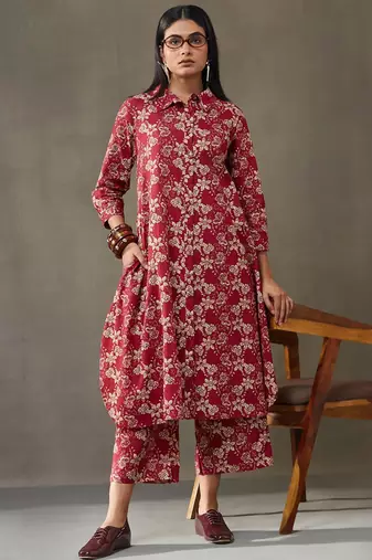 women floral printed cotton button-down smart office kurta with trousers