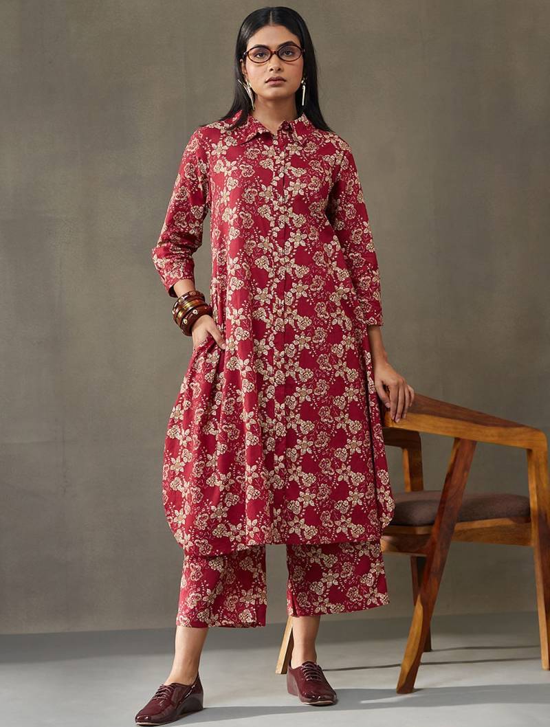 women floral printed cotton button-down smart office kurta with trousers
