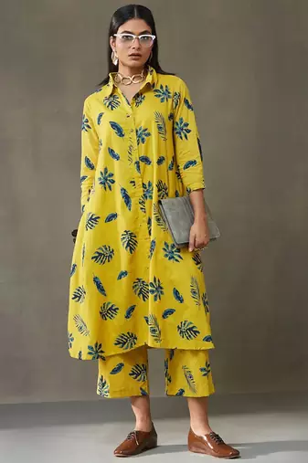 women floral printed cotton smart office kurta with trousers