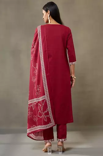 women floral embroidered thread work cotton sleek work smart office kurta with trousers & dupatta