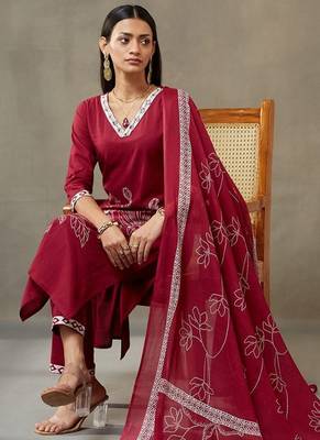 women floral embroidered thread work cotton sleek work smart office kurta with trousers & dupatta 5