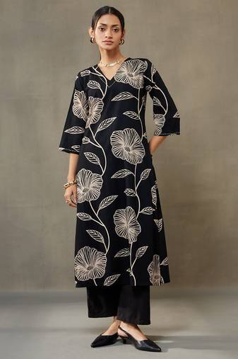 women floral printed cotton smart office kurta with trousers