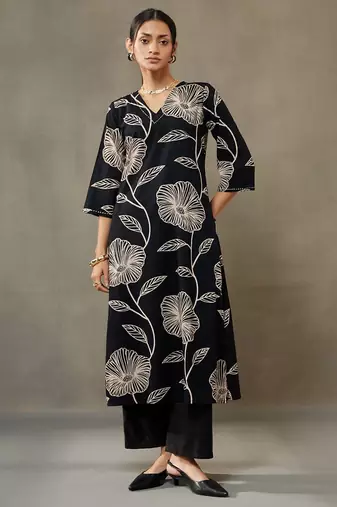 women floral printed cotton smart office kurta with trousers