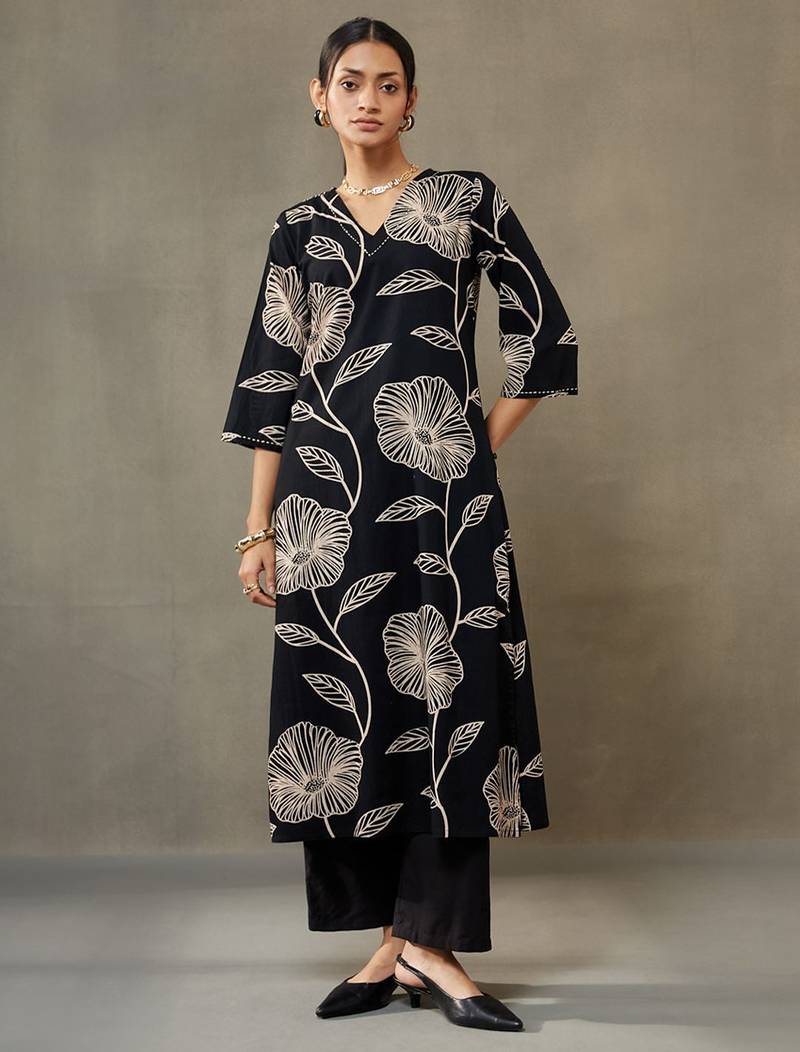 women floral printed cotton smart office kurta with trousers
