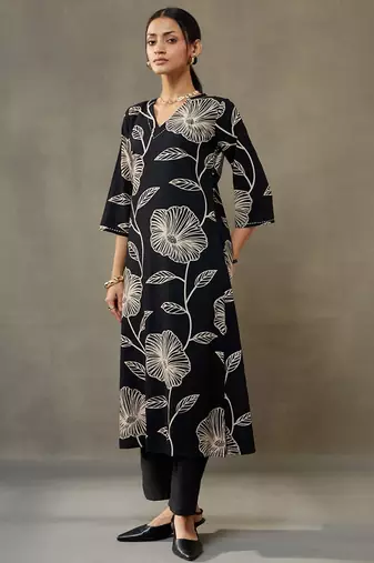 women floral printed cotton smart office kurta with trousers