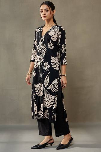 women floral printed cotton smart office kurta with trousers