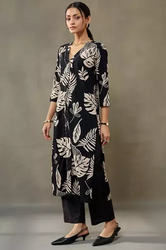 women floral printed cotton smart office kurta with trousers