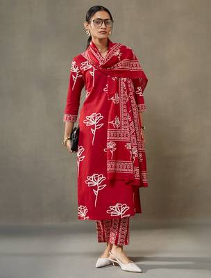 women floral printed cotton sleek work smart office kurta with trousers & dupatta 1