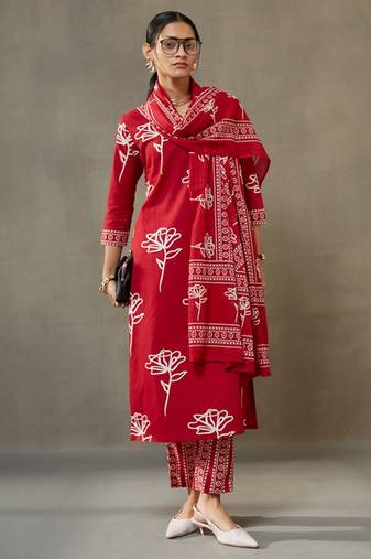 women floral printed cotton sleek work smart office kurta with trousers & dupatta