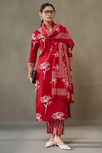 women floral printed cotton sleek work smart office kurta with trousers & dupatta