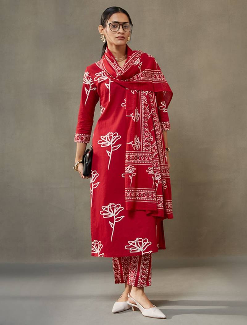 women floral printed cotton sleek work smart office kurta with trousers & dupatta