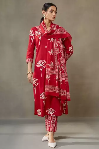 women floral printed cotton sleek work smart office kurta with trousers & dupatta