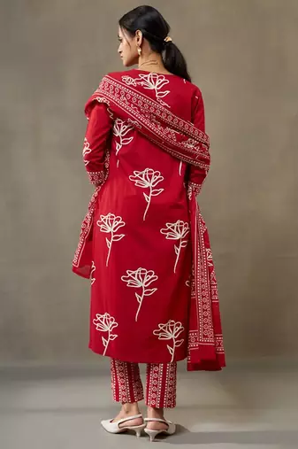 women floral printed cotton sleek work smart office kurta with trousers & dupatta