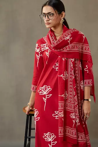 women floral printed cotton sleek work smart office kurta with trousers & dupatta