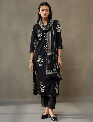 women ethnic motifs printed cotton sleek work smart office kurta with trousers & dupatta 5