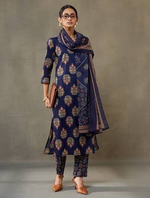 women ethnic motifs printed cotton sleek work smart office kurta with trousers & dupatta 1