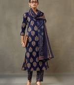 women ethnic motifs printed cotton sleek work smart office kurta with trousers & dupatta