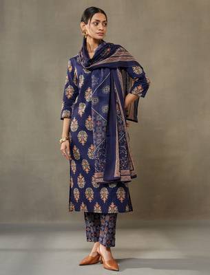 women ethnic motifs printed cotton sleek work smart office kurta with trousers & dupatta 5