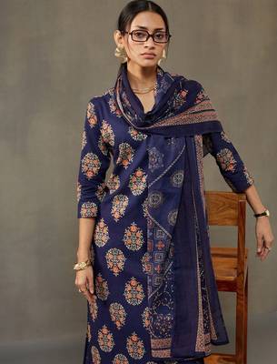women ethnic motifs printed cotton sleek work smart office kurta with trousers & dupatta 6
