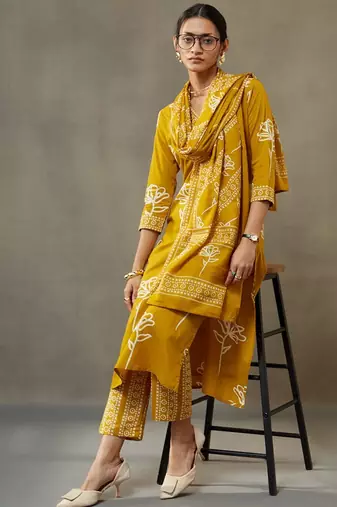 women floral printed cotton sleek work smart office kurta with trousers & dupatta