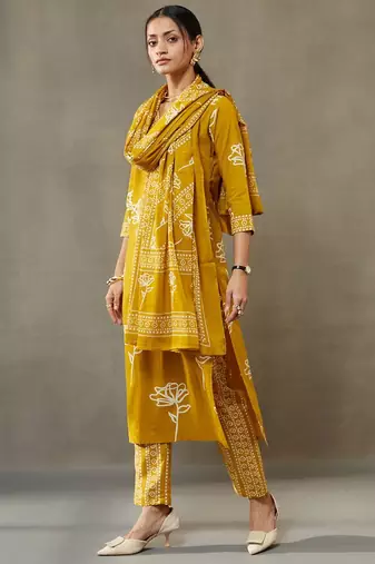 women floral printed cotton sleek work smart office kurta with trousers & dupatta