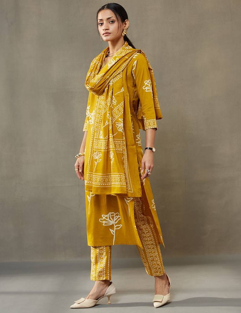 women floral printed cotton sleek work smart office kurta with trousers & dupatta