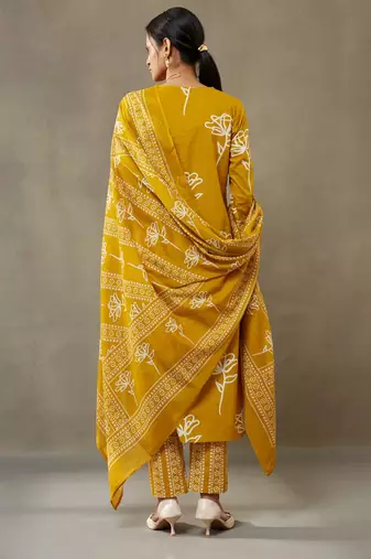 women floral printed cotton sleek work smart office kurta with trousers & dupatta