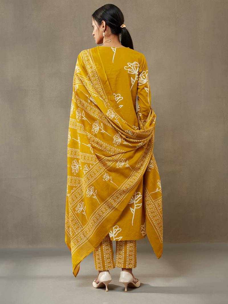 women floral printed cotton sleek work smart office kurta with trousers & dupatta