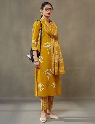 women floral printed cotton sleek work smart office kurta with trousers & dupatta 5
