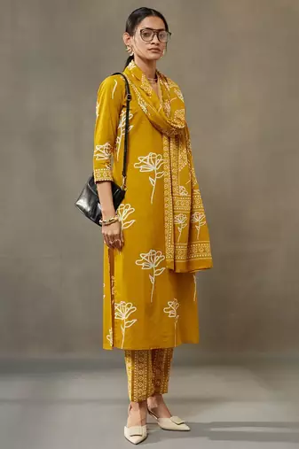 women floral printed cotton sleek work smart office kurta with trousers & dupatta