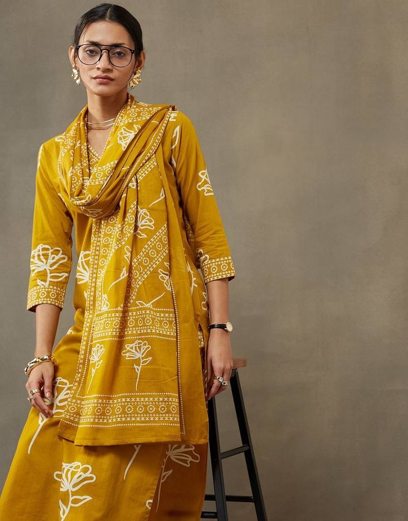 women floral printed cotton sleek work smart office kurta with trousers & dupatta