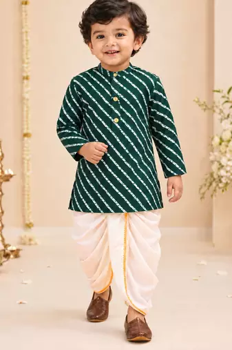 Boy's green rayon striped thigh length kurta and dhoti set