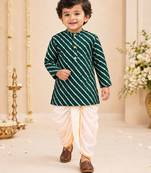 Boy's green rayon striped thigh length kurta and dhoti set