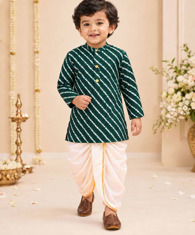 Boy's green rayon striped thigh length kurta and dhoti set