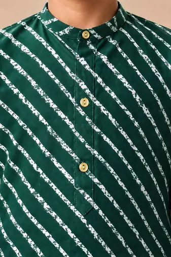 Boy's green rayon striped thigh length kurta and dhoti set