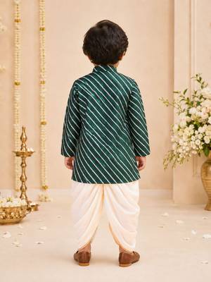 Boy's green rayon striped thigh length kurta and dhoti set 3