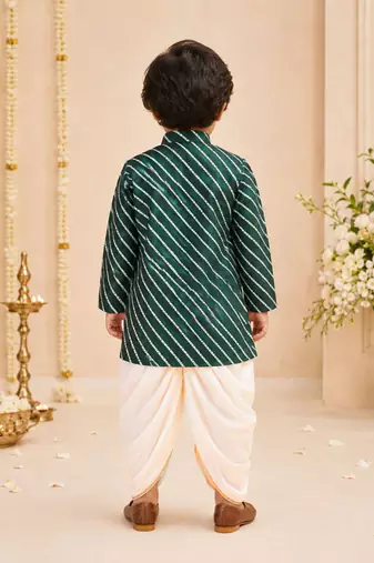 Boy's green rayon striped thigh length kurta and dhoti set