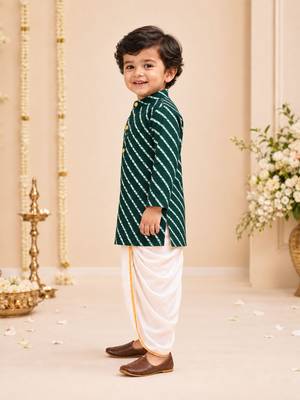 Boy's green rayon striped thigh length kurta and dhoti set 4