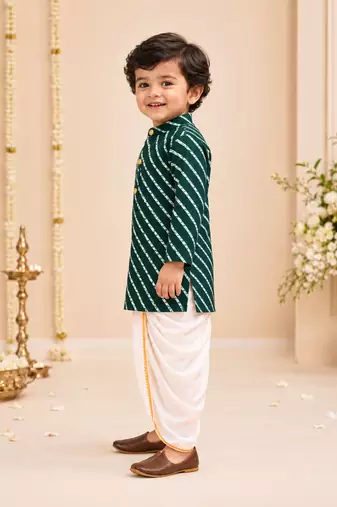 Boy's green rayon striped thigh length kurta and dhoti set