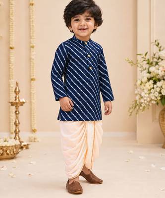 Boy's navy blue rayon striped thigh length kurta and dhoti set 1
