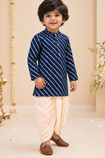 Boy's navy blue rayon striped thigh length kurta and dhoti set