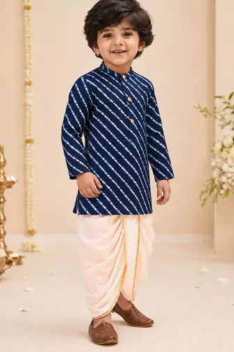 Boy's navy blue rayon striped thigh length kurta and dhoti set