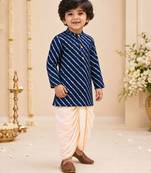 Boy's navy blue rayon striped thigh length kurta and dhoti set