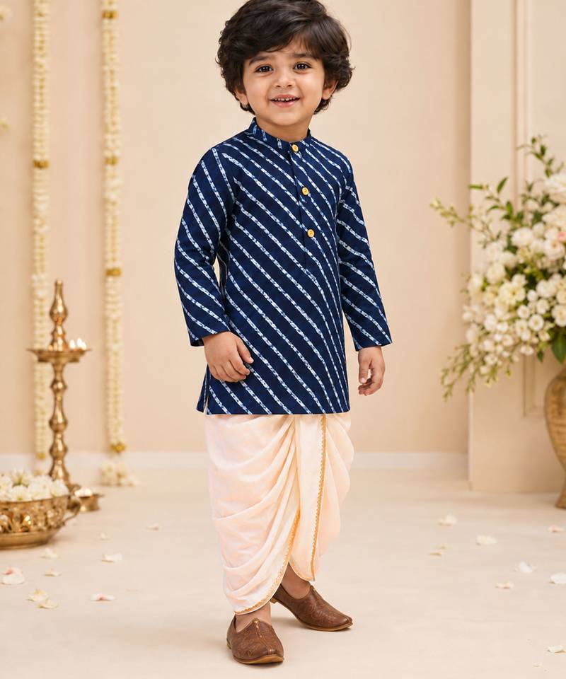 Boy's navy blue rayon striped thigh length kurta and dhoti set