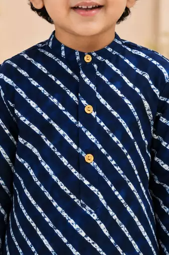 Boy's navy blue rayon striped thigh length kurta and dhoti set