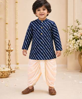Boy's navy blue rayon striped thigh length kurta and dhoti set 3