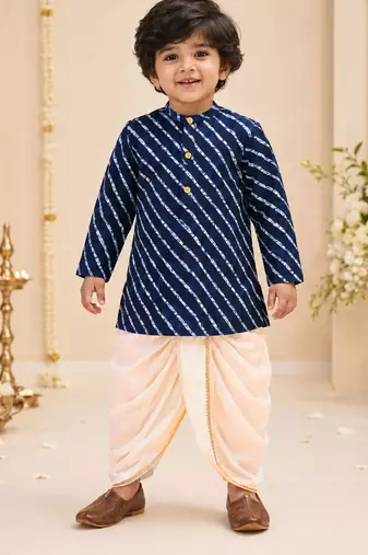 Boy's navy blue rayon striped thigh length kurta and dhoti set