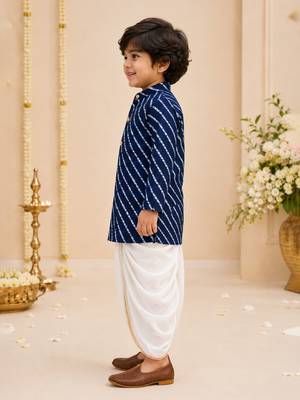 Boy's navy blue rayon striped thigh length kurta and dhoti set 4